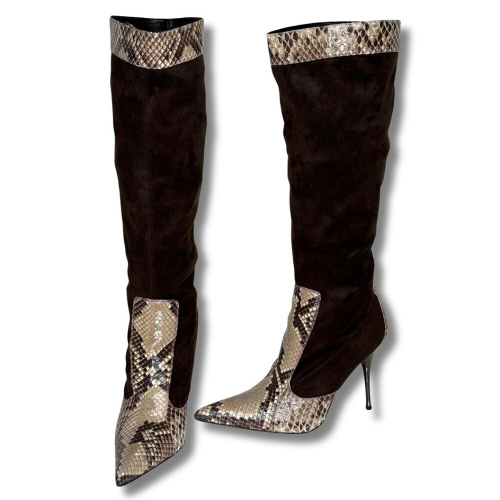 Massimo Dogana Brown Suede & PYTHON Snakeskin El Dantes Style Knee Boots 40 9.5